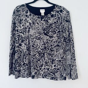 Chicos Top 2 (Large ) Black Gray Long Sleeve Paisley Stretch Lagenlook Comfort